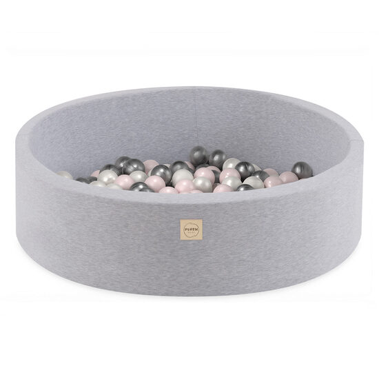 Pre-order for 05.03.2026 - PLUSH NEST Dry pool with balls, light gray, round, cotton, 90x30, 200 balls: light pink pearl, silver, pearl